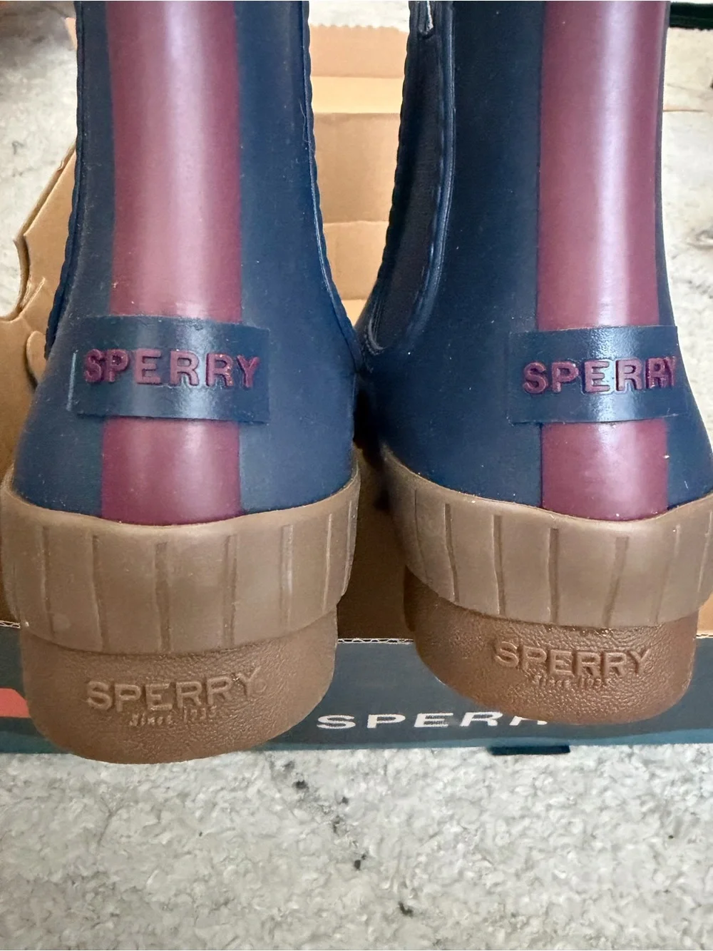 Navy Chelsea Rain Boots with Brown Sole